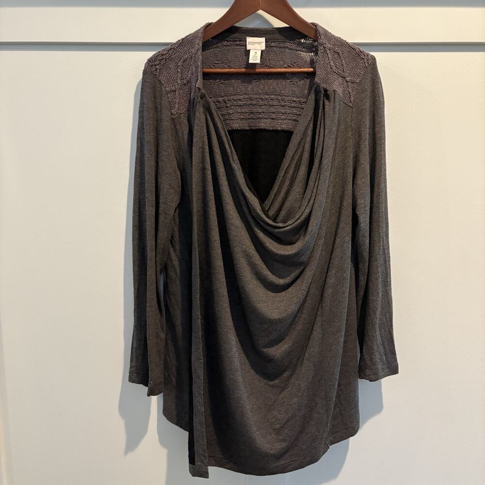 Chico’s Cardigan L‎ (2) Grey Wrap Artsy Boho Waterfall Lagenlook Convertible